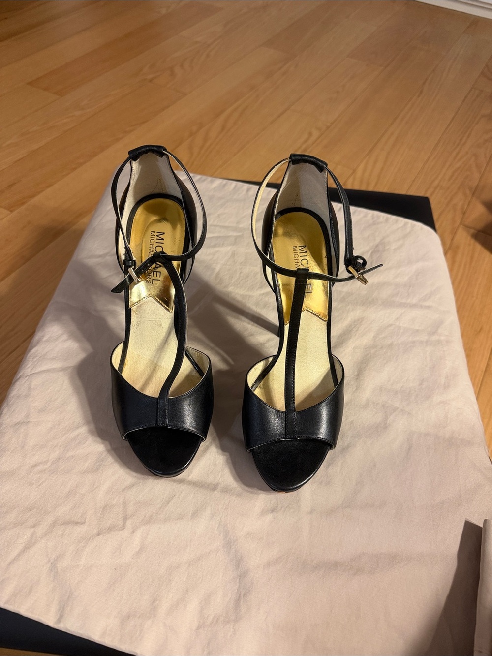 MICHAEL Michael Kors Black T-Strap Open-Toe Ankle Strap Heels